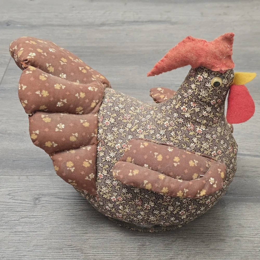 Handmade 1970s Vintage Chicken Quilted Brown Small Floral Prints Decor Farmhouse
